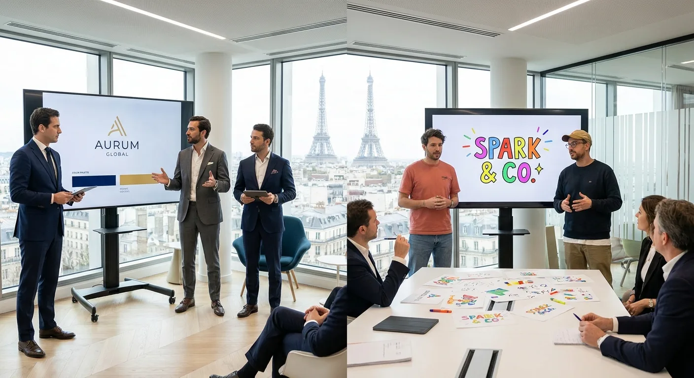 Deux approches de branding présentées côte à côte : identité corporate polished et concepts créatifs startup dans un bureau p