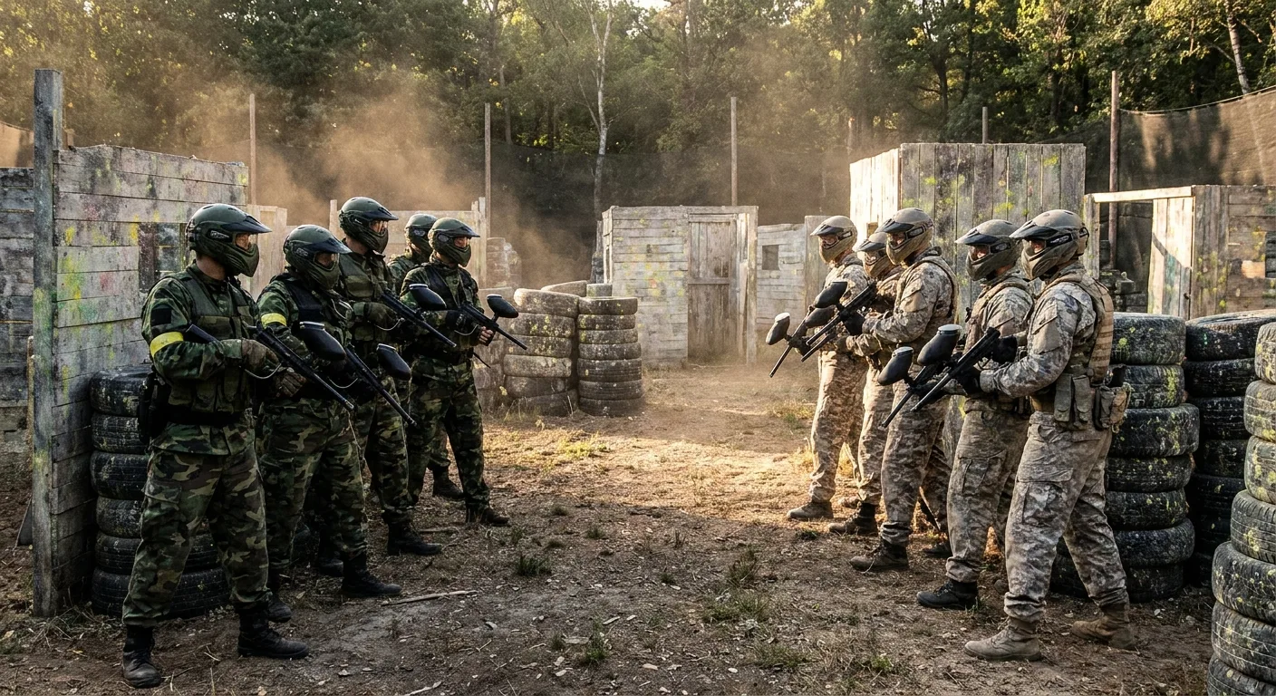 Deux équipes de paintball en tenue tactique s'affrontent dans une arène extérieure