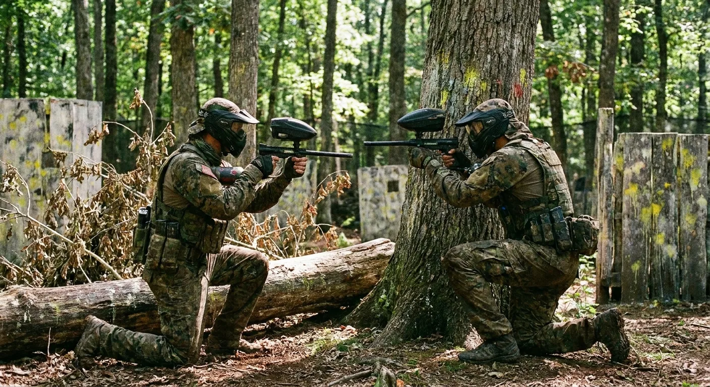 Deux joueurs de paintball en position de tir face à face dans un terrain boisé