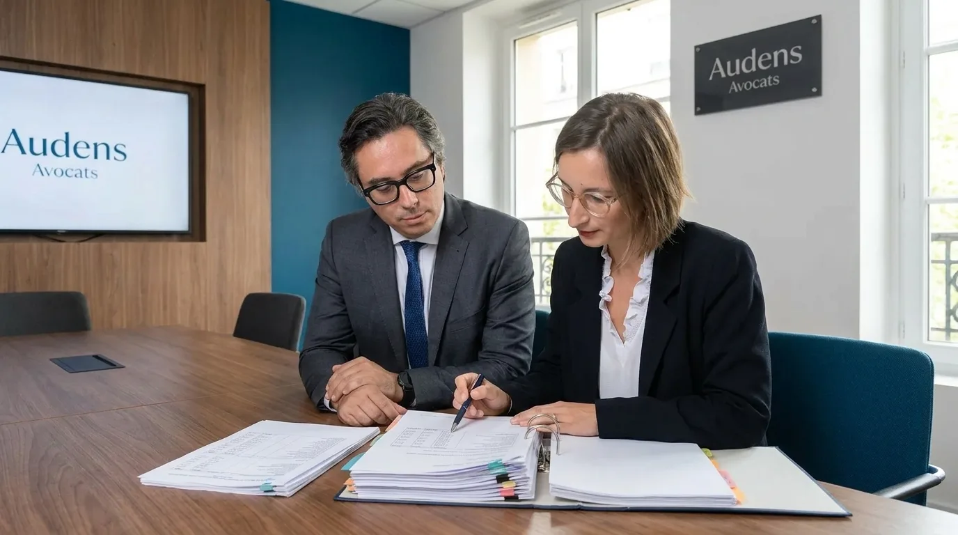 Deux professionnels examinent ensemble des documents fiscaux sur un bureau en bois