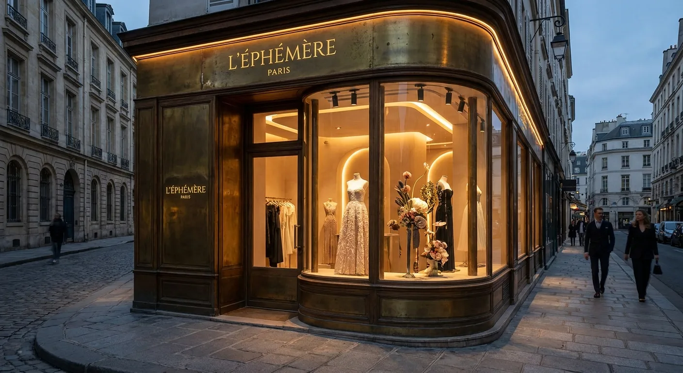 Devanture élégante d'une boutique pop-up de luxe à Paris avec vitrine raffinée et éclairage sophistiqué