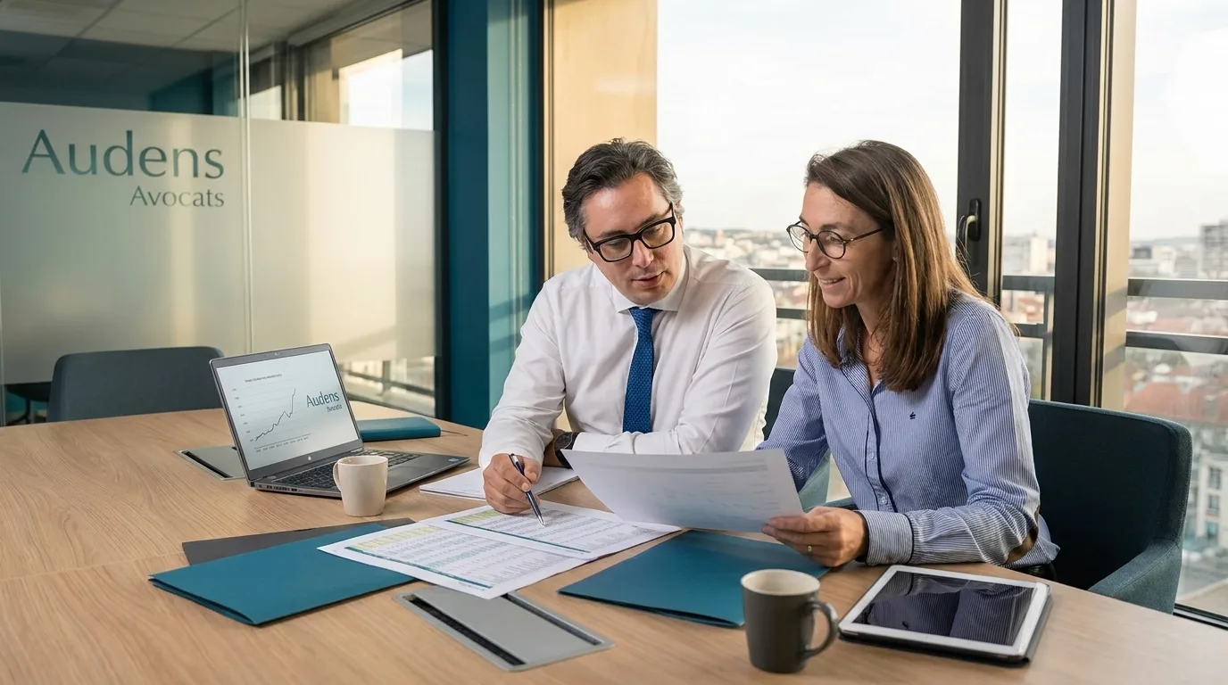 Directeur de PME et avocat fiscaliste consultant des documents financiers dans un bureau moderne