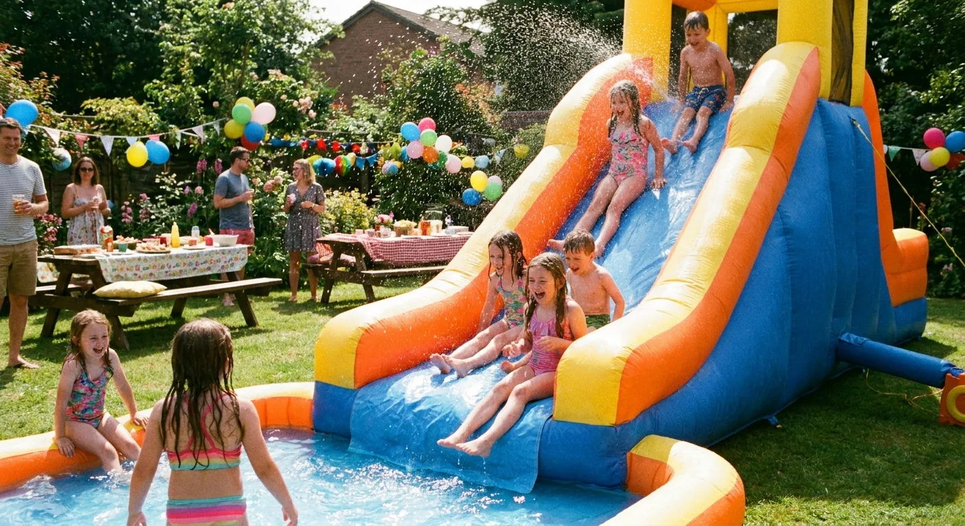Enfants glissant sur un toboggan aquatique gonflable dans un jardin ensoleillé lors d'une fête d'été.