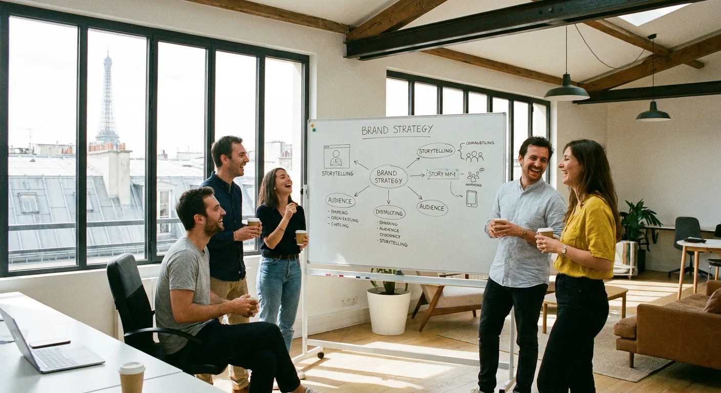 Équipe créative brainstormant autour d'une stratégie de marque dans un bureau parisien moderne