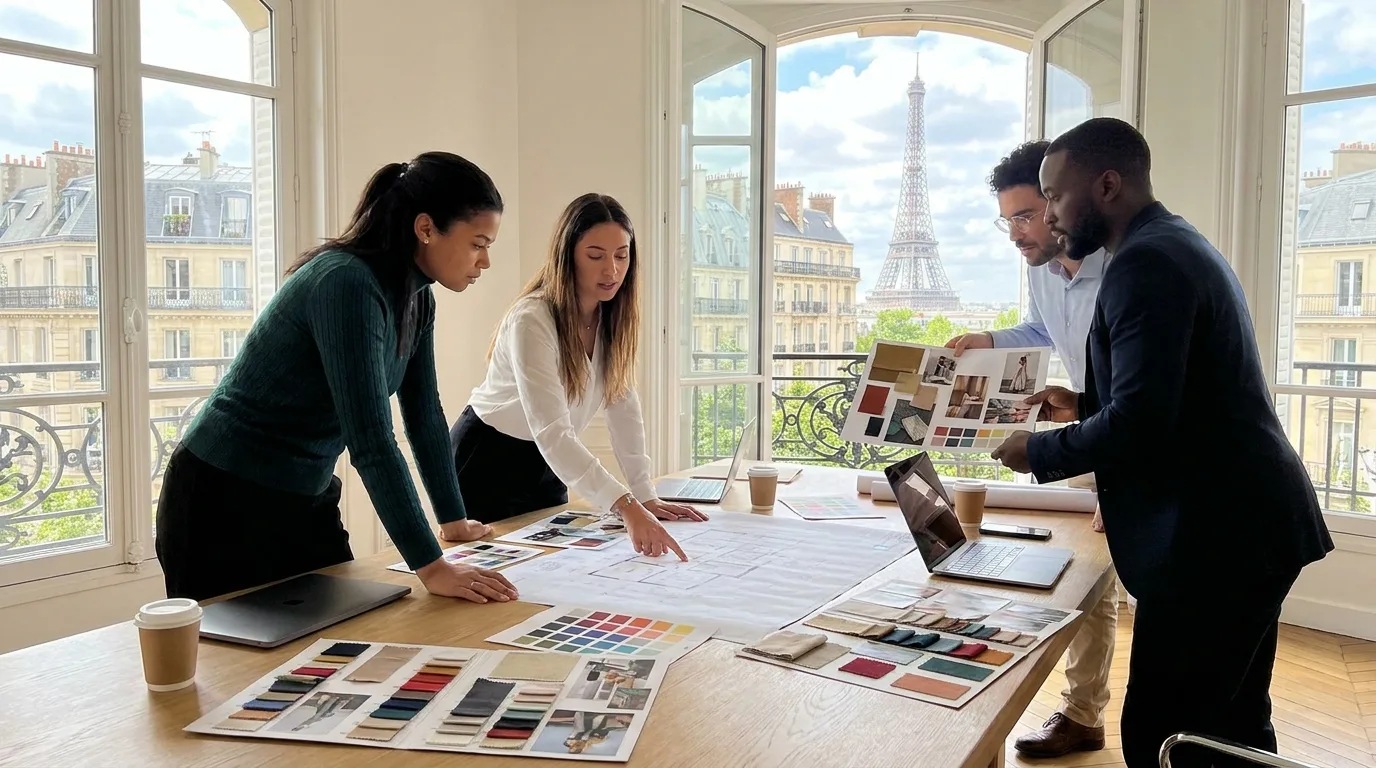 Équipe créative examinant des plans architecturaux et des planches d'ambiance lors d'une réunion en bureau parisien.