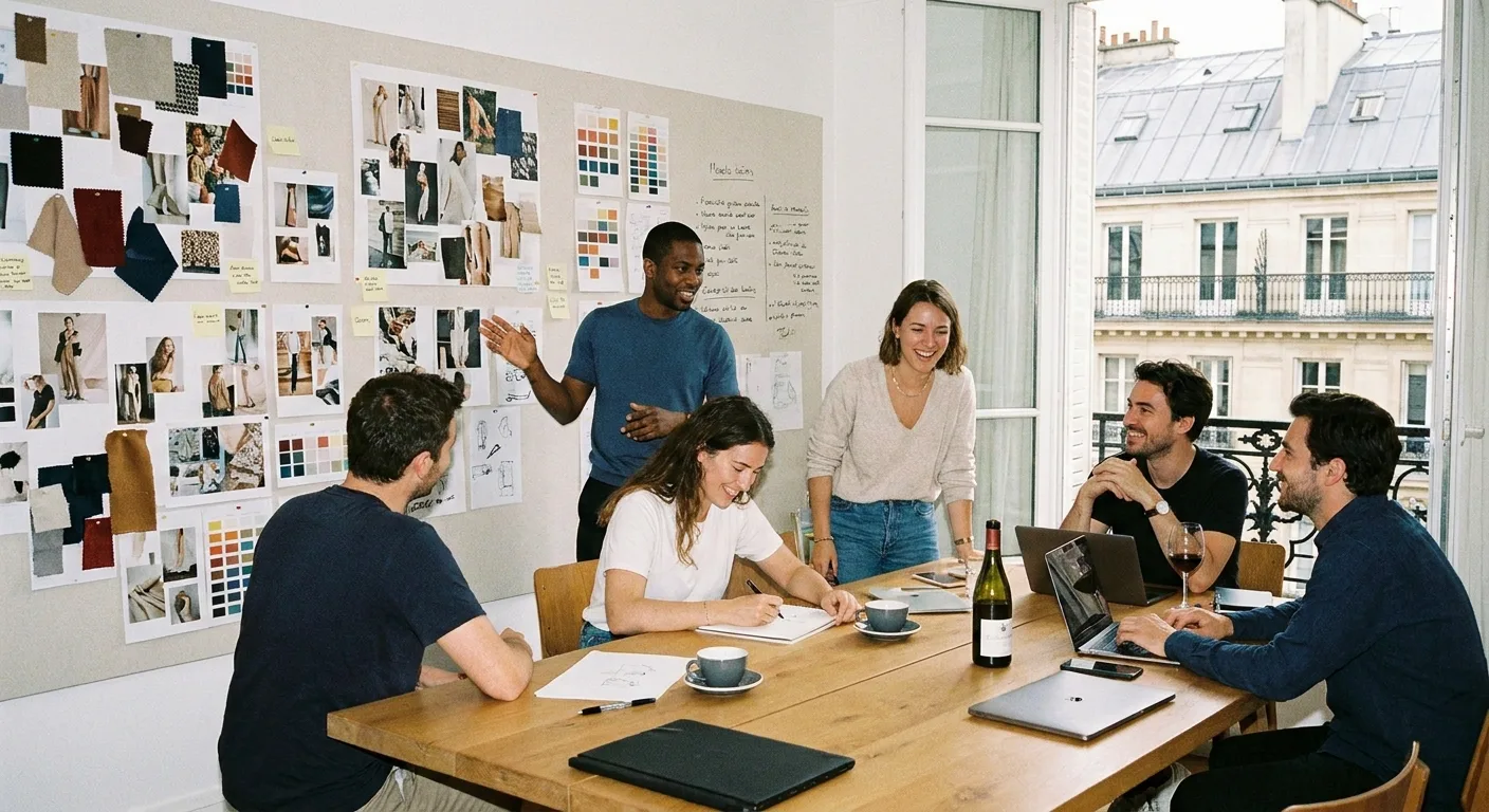 Équipe créative parisienne en séance de brainstorming autour de planches d'ambiance et références visuelles affichées au mur