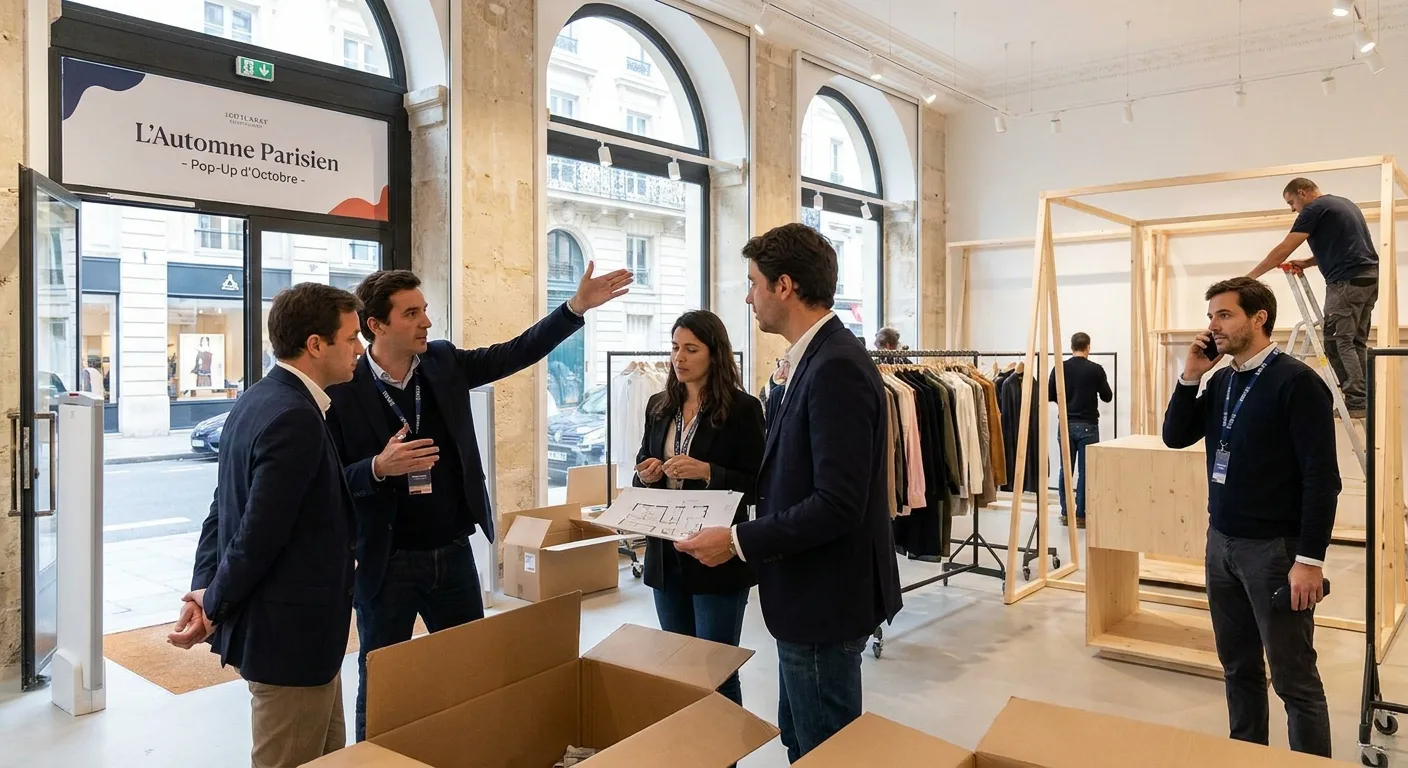 Équipe de marque organisant la mise en place d'un pop-up store saisonnier dans un lieu parisien.