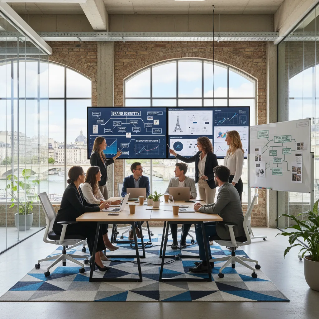 Équipe de professionnels collaborant autour de tableaux de stratégie de marque numérique dans un bureau moderne parisien.