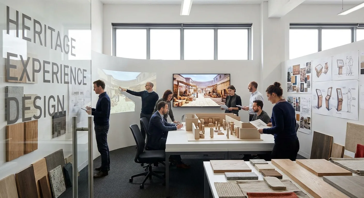 Équipe de professionnels travaillant sur la conception d'une exposition immersive dans un centre d'interprétation du patrimoi