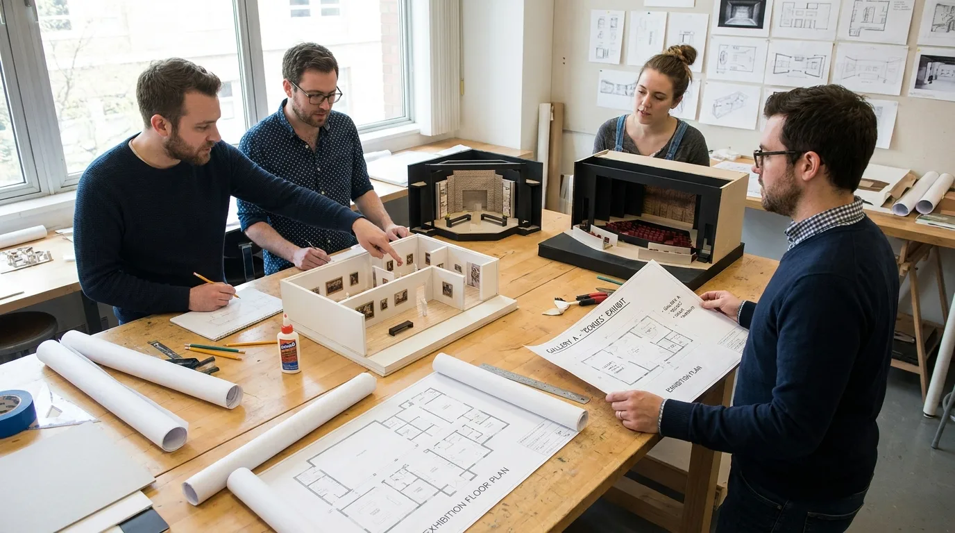 Équipe de scénographes examinant des maquettes et plans d'exposition autour d'une table de travail.