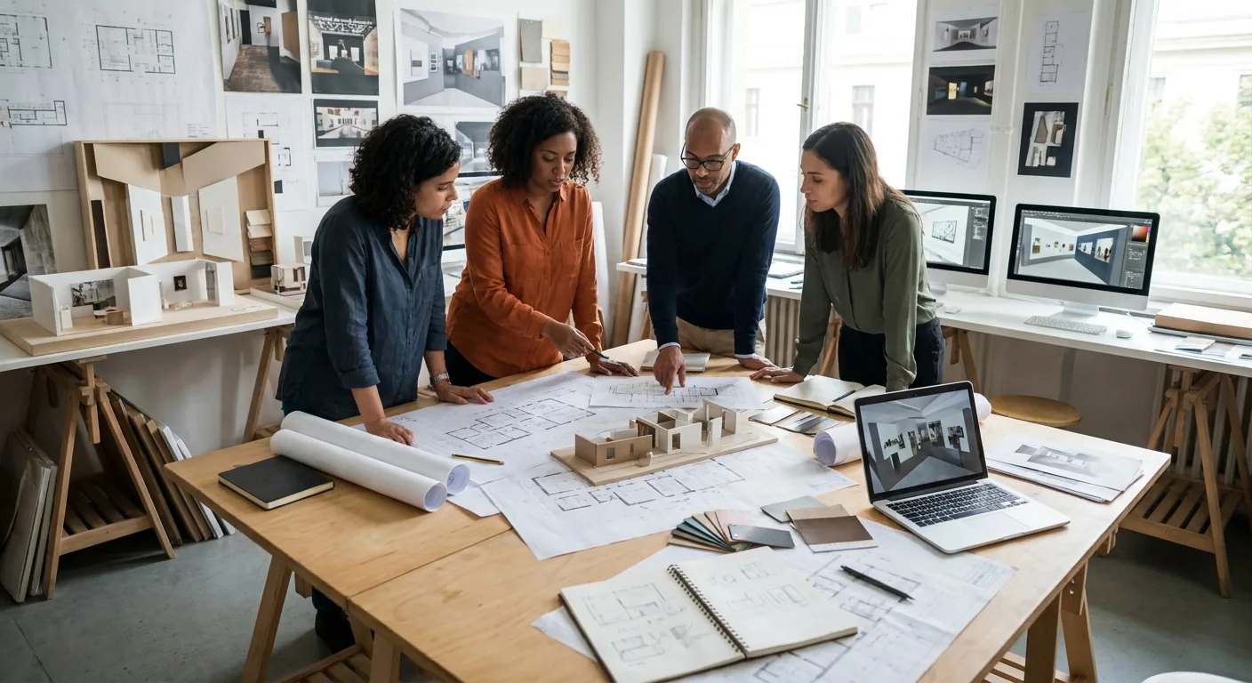 Équipe de scénographes examinant des plans et maquettes d'exposition autour d'une table de travail