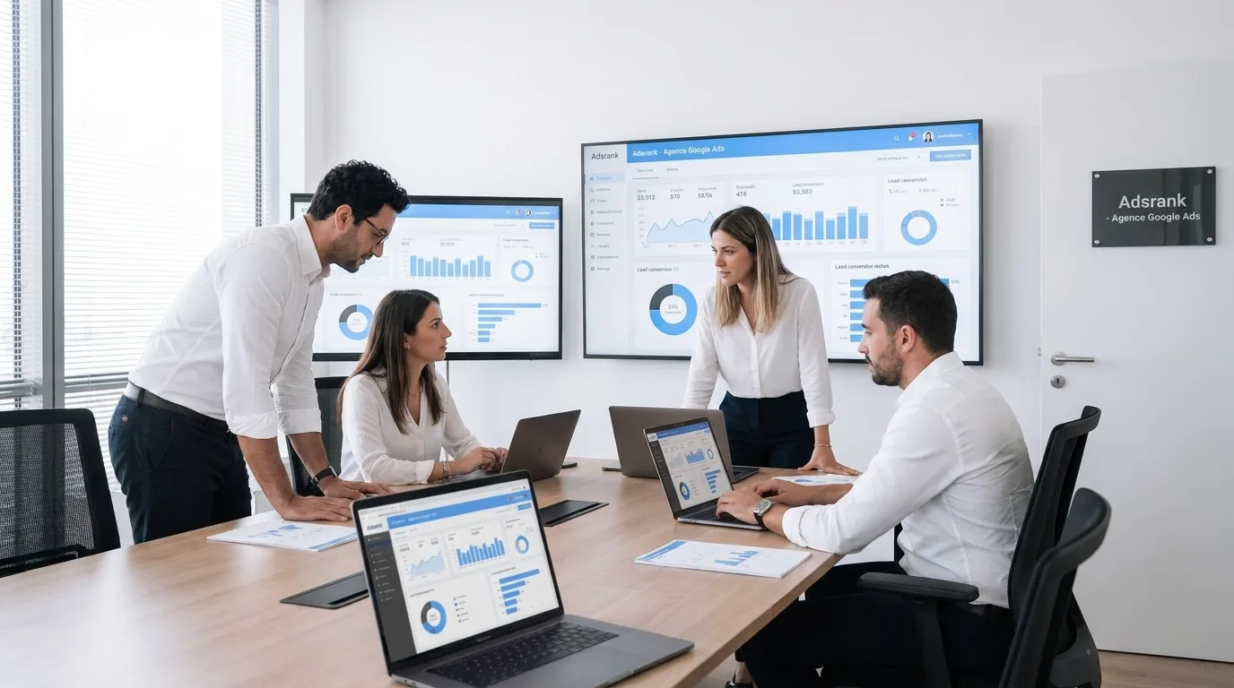 Équipe marketing B2B analysant ensemble des tableaux de bord de données et métriques de conversion de leads