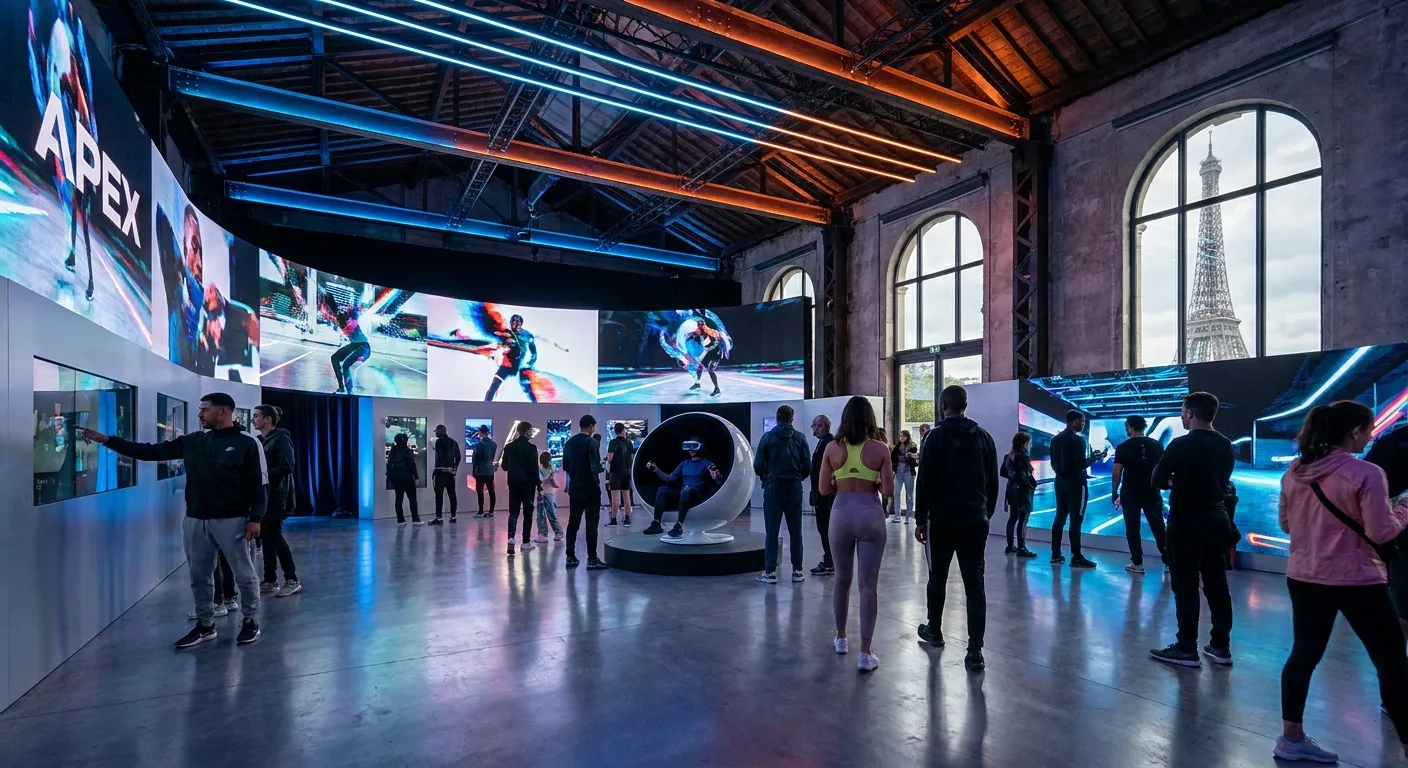 Espace d'activation de marque sportive avec écrans immersifs et visiteurs dans un lieu parisien moderne.