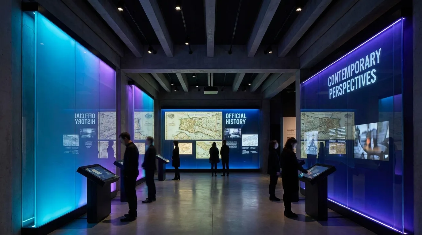 Espace d'exposition moderne avec éclairage dramatique et dispositifs interactifs présentant différentes narratives historique