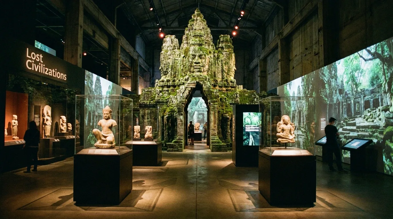 Espace d'exposition muséale immersif avec éclairage dramatique et vitrines de présentation curatées.