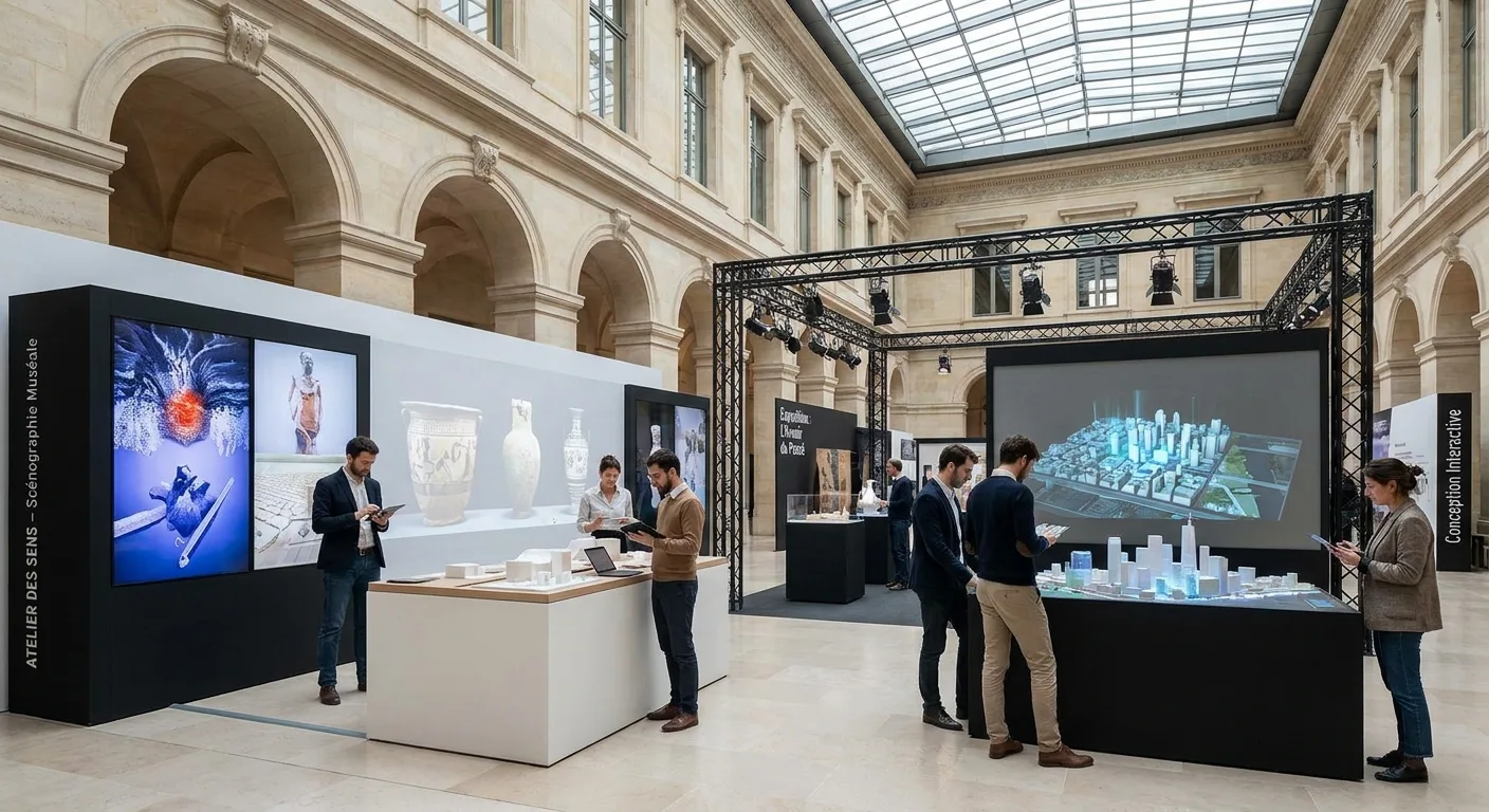 Espace de galerie avec displays interactifs et aménagement professionnel de scénographie muséale
