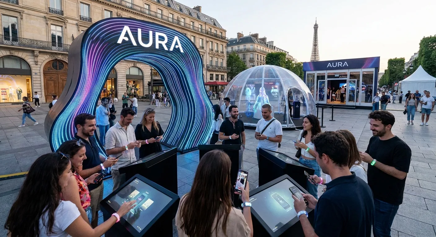Événement d'activation de marque à Paris avec public engagé interagissant autour d'une installation expérientielle moderne.