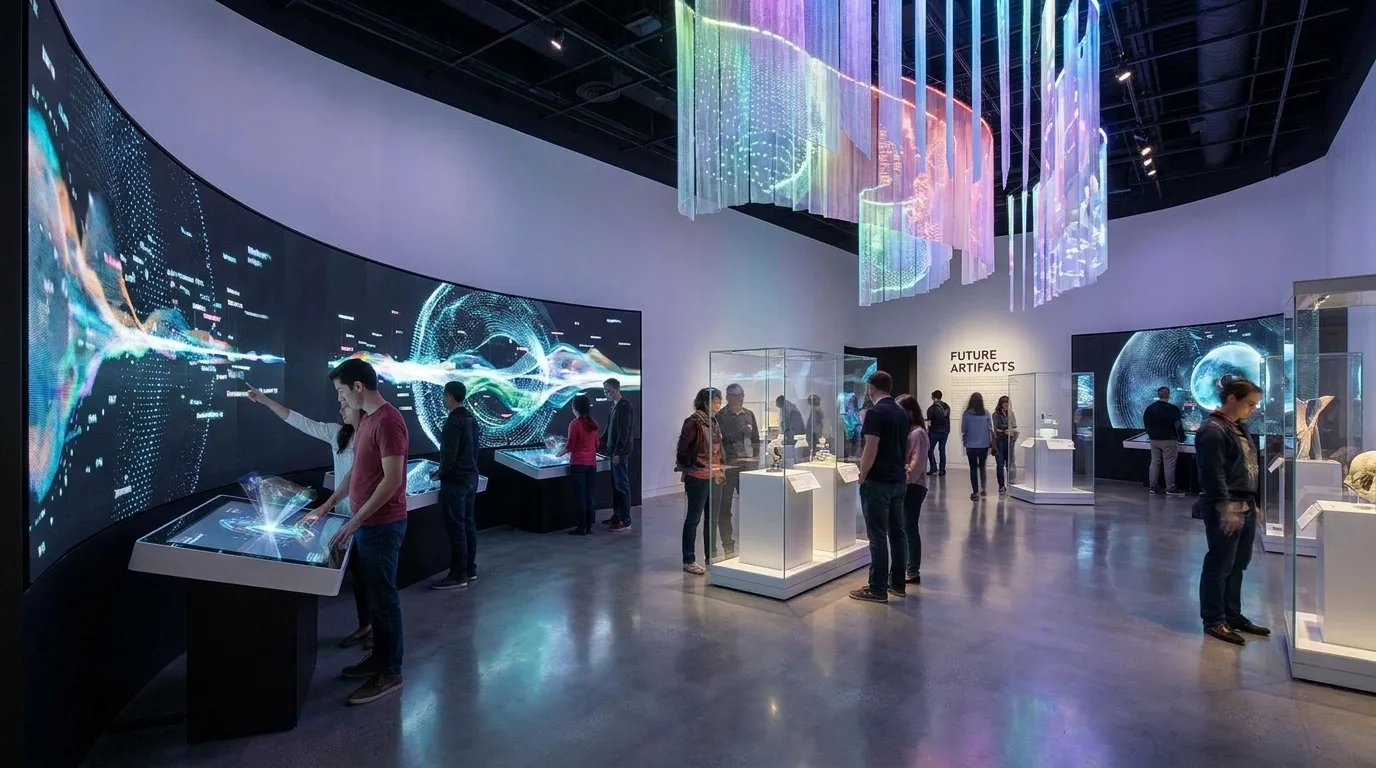Exposition moderne avec écrans tactiles interactifs, éclairages immersifs et installations numériques dans un musée.
