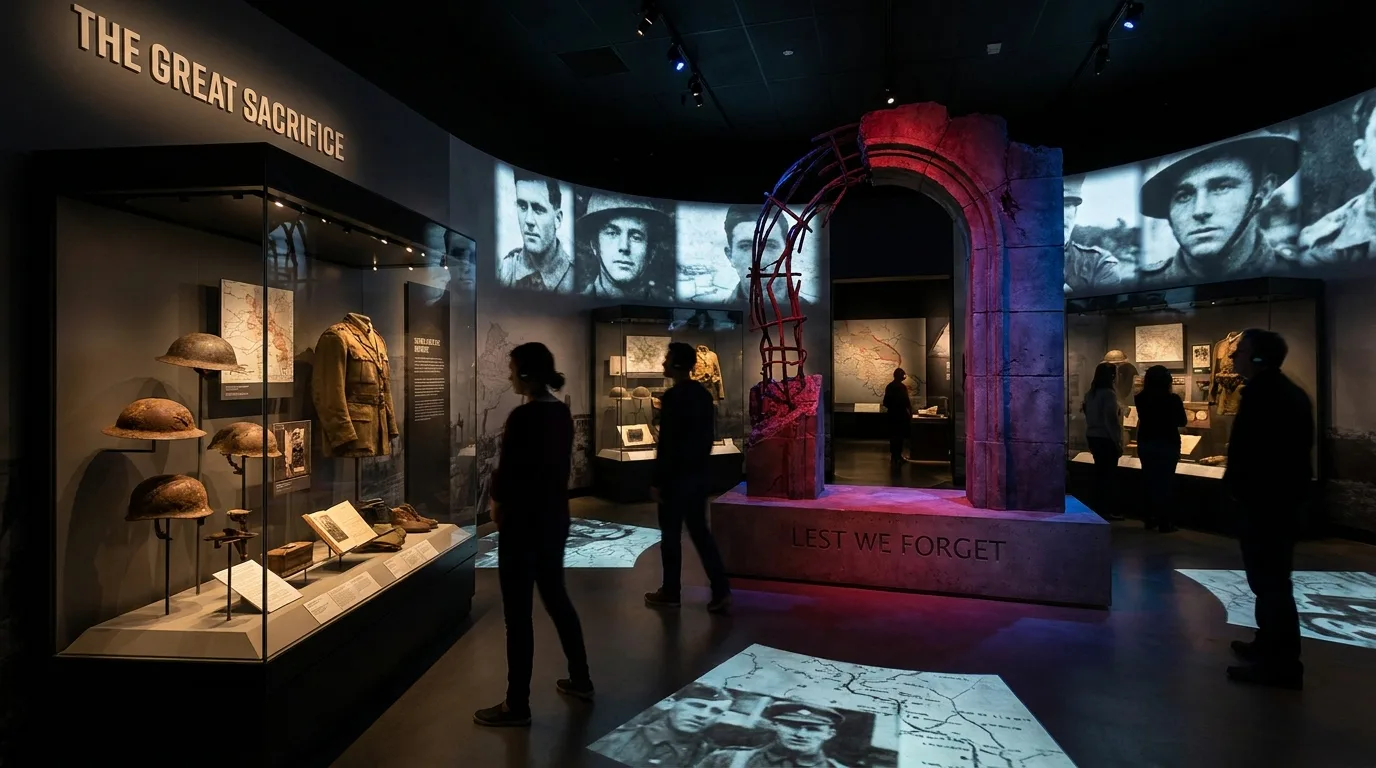 Exposition muséale avec éclairage dramatique mettant en avant des installations immersives commémoratives de guerre