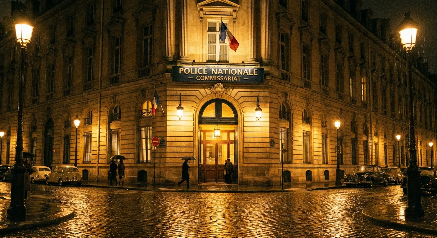 Façade d'un commissariat de police à Paris illuminée la nuit, avec l'entrée éclairée