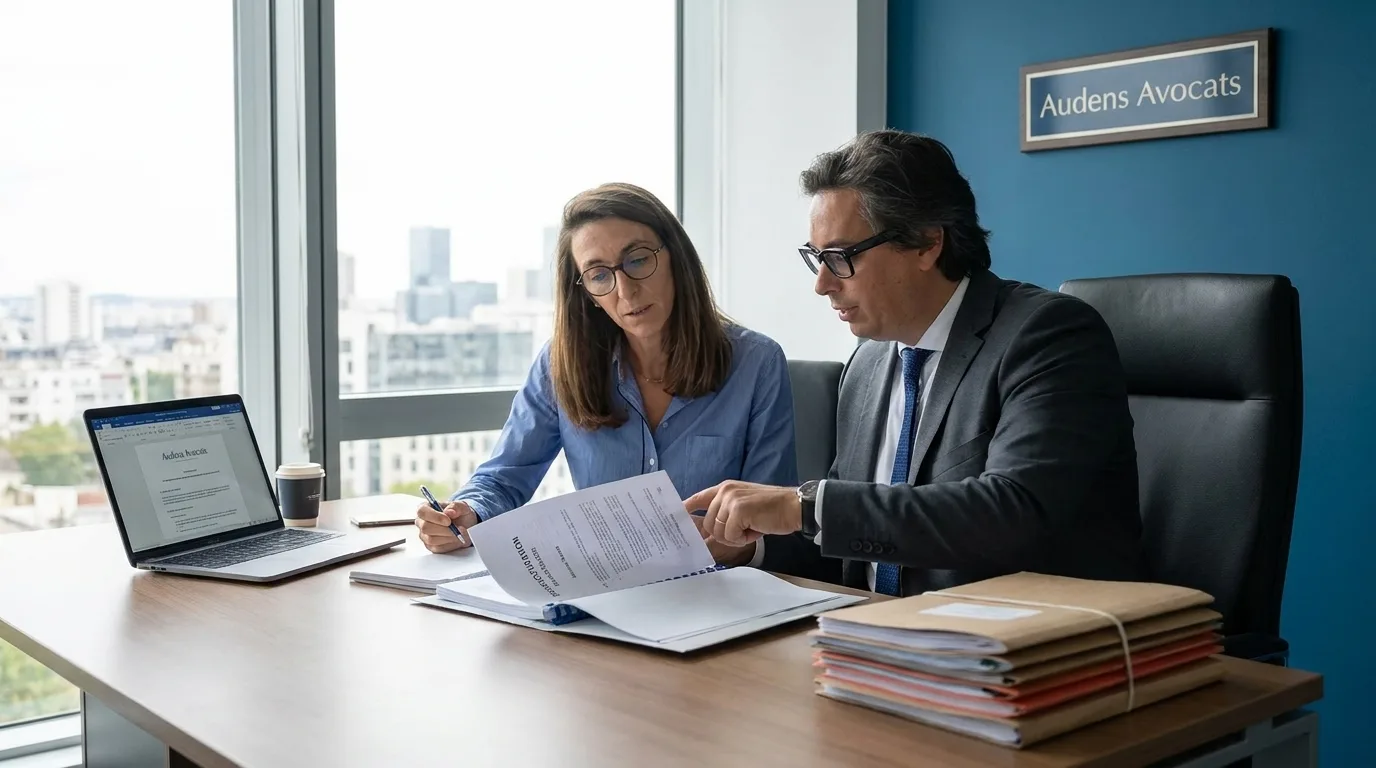 Femme professionnelle examinant des documents de restructuration avec un conseiller à son bureau dans un cabinet moderne.