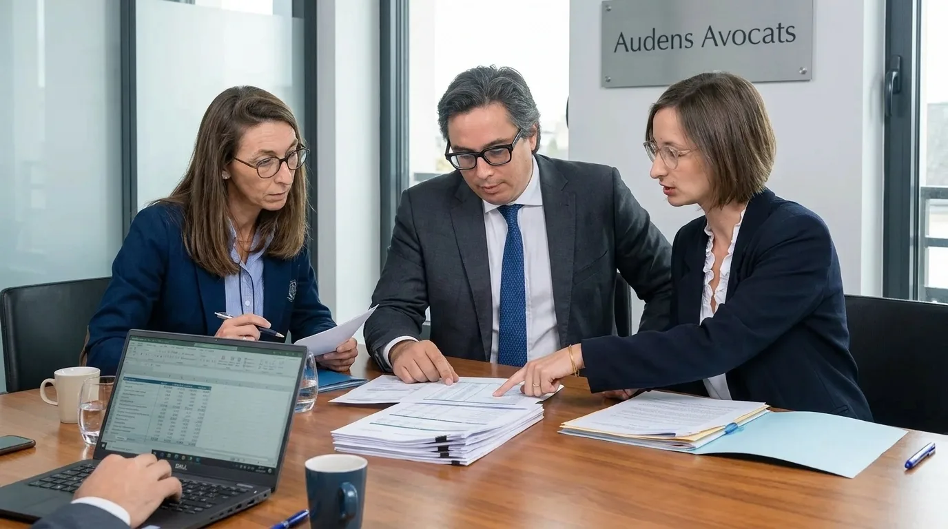 Fondateurs de startup examinant des documents financiers avec un avocat fiscaliste à une table de conférence.