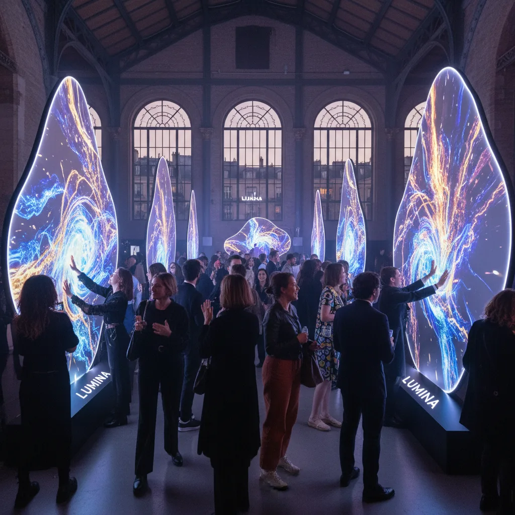 Foule diverse interagissant avec une installation de marque immersive dans un lieu événementiel à Paris