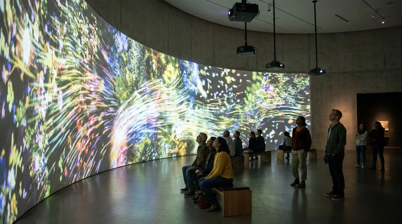 Galerie de musée avec projection vidéo immersive sur les murs et visiteurs observant l'installation numérique
