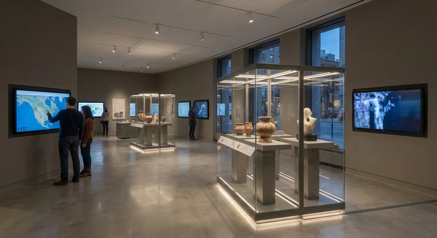 Galerie de musée contemporaine avec vitrines éclairées et écrans numériques interactifs