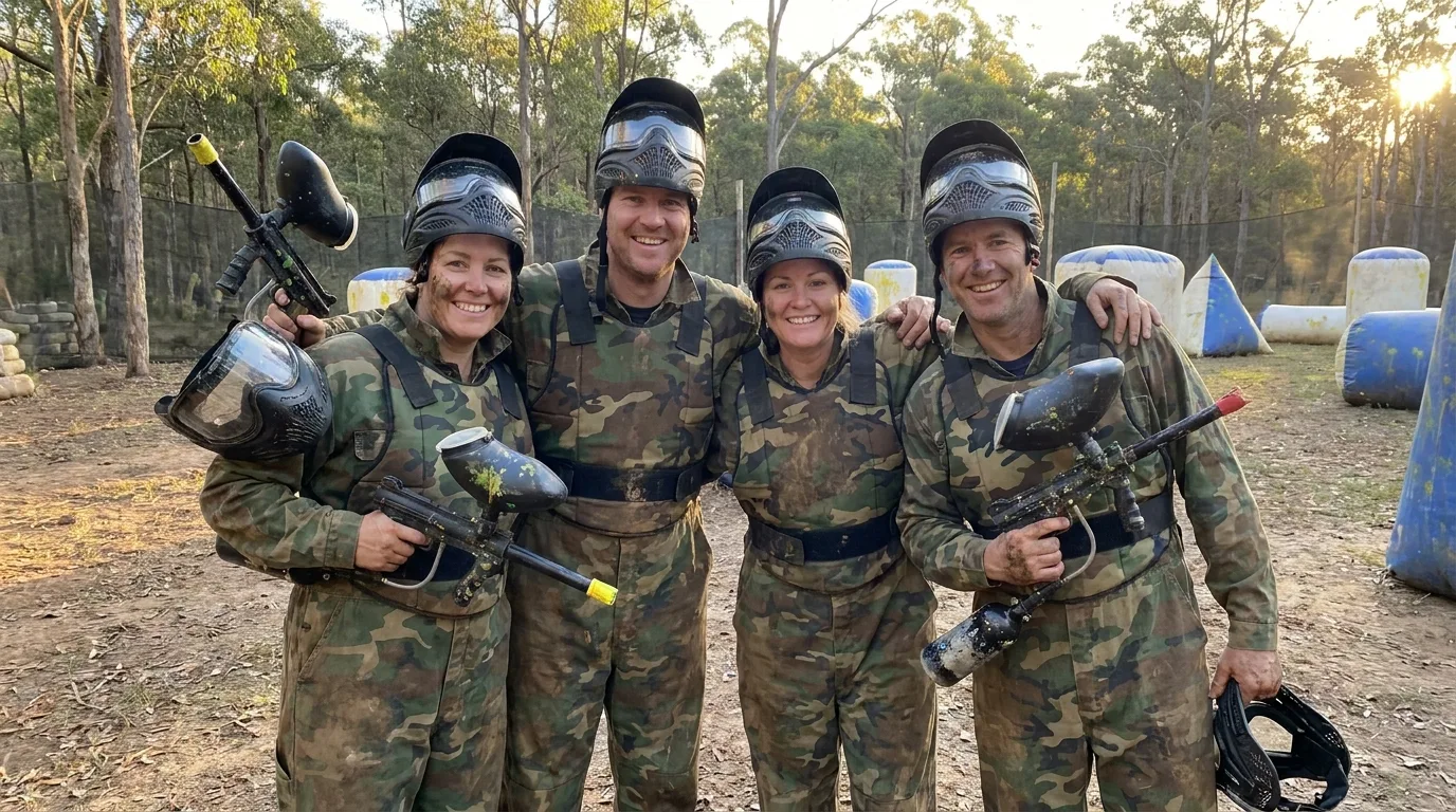 Groupe d'adultes en tenue de paintball souriant à l'extérieur après une partie