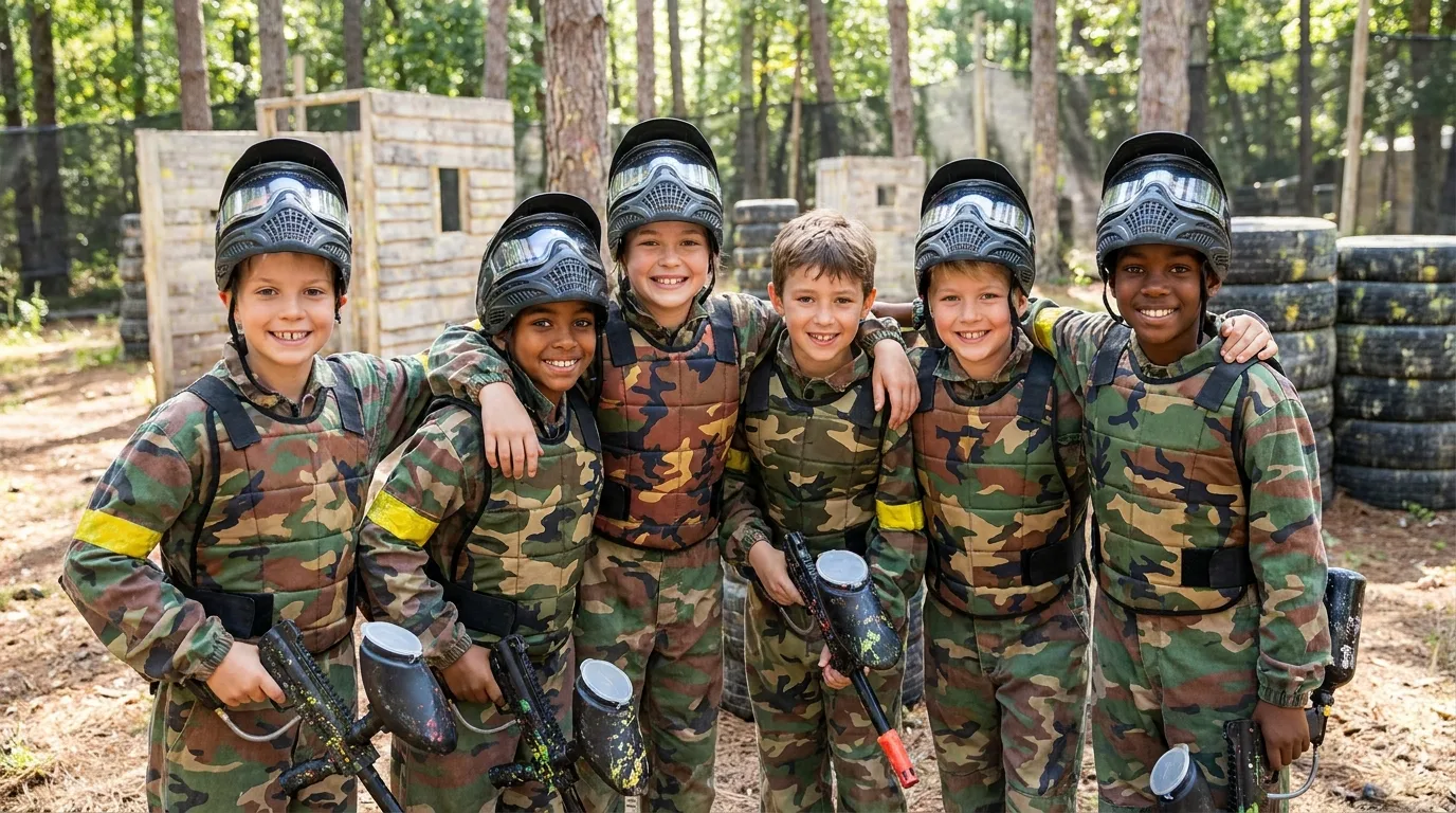 Groupe d'enfants souriants portant des masques et combinaisons de paintball en extérieur