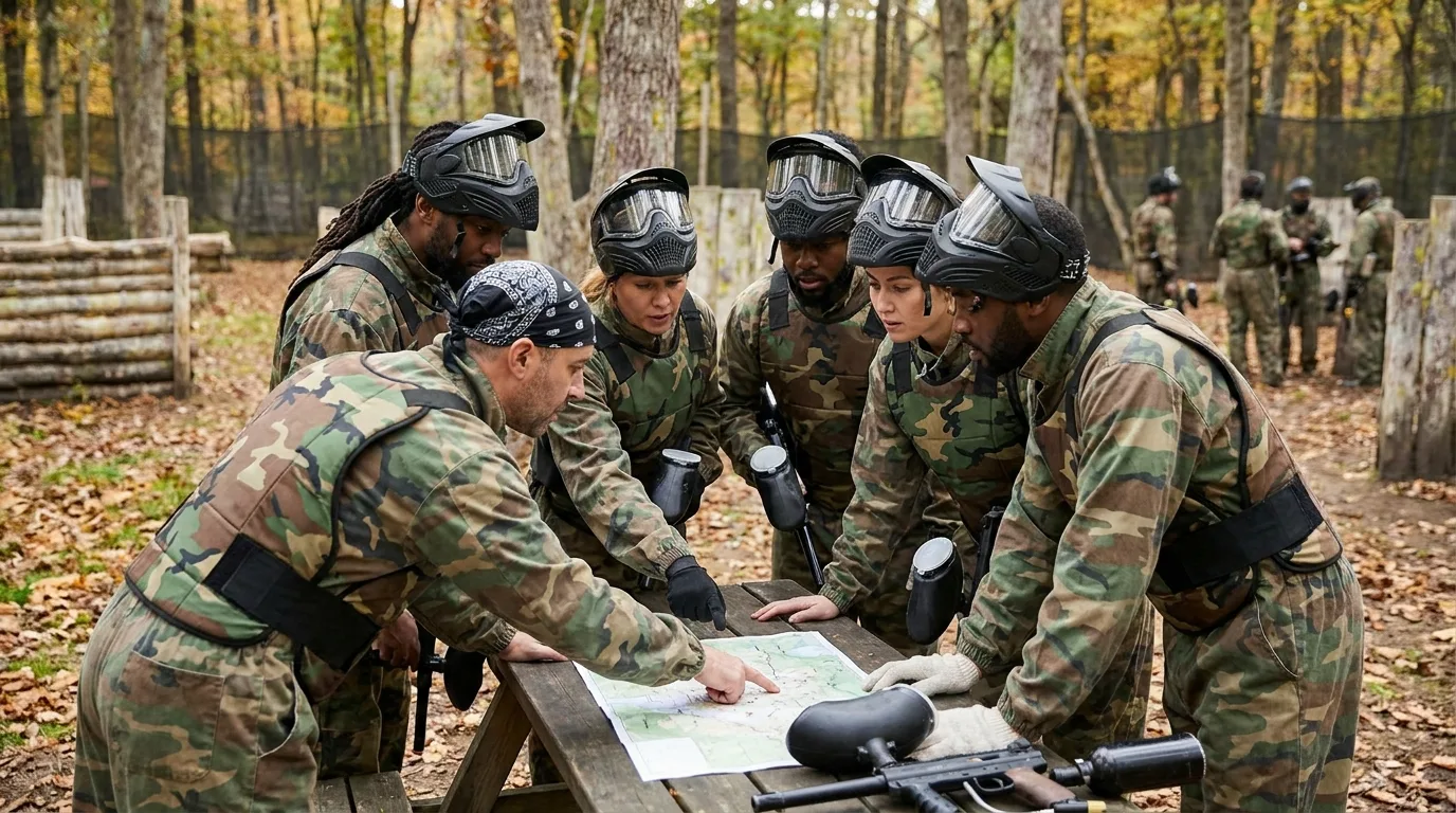 Groupe de collaborateurs en équipement de paintball discutant stratégie avant une partie en extérieur