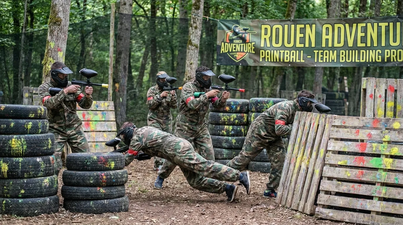 Groupe de collaborateurs jouant au paintball en équipe dans l'arène extérieure de Rouen
