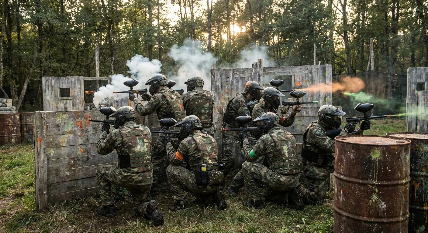 Groupe de joueurs de paintball en équipement tactique lors d'une partie en extérieur