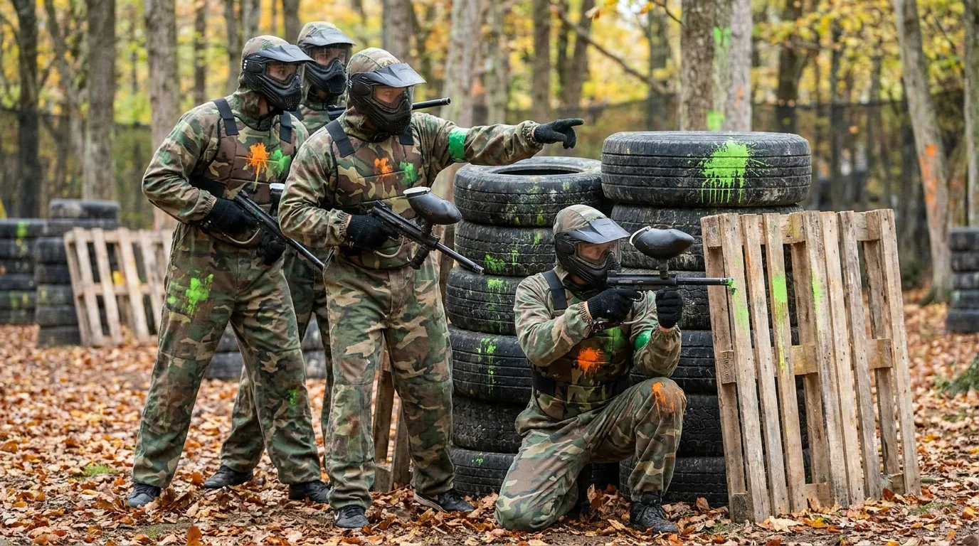 Groupe de joueurs de paintball équipés de protections lors d'une partie en extérieur