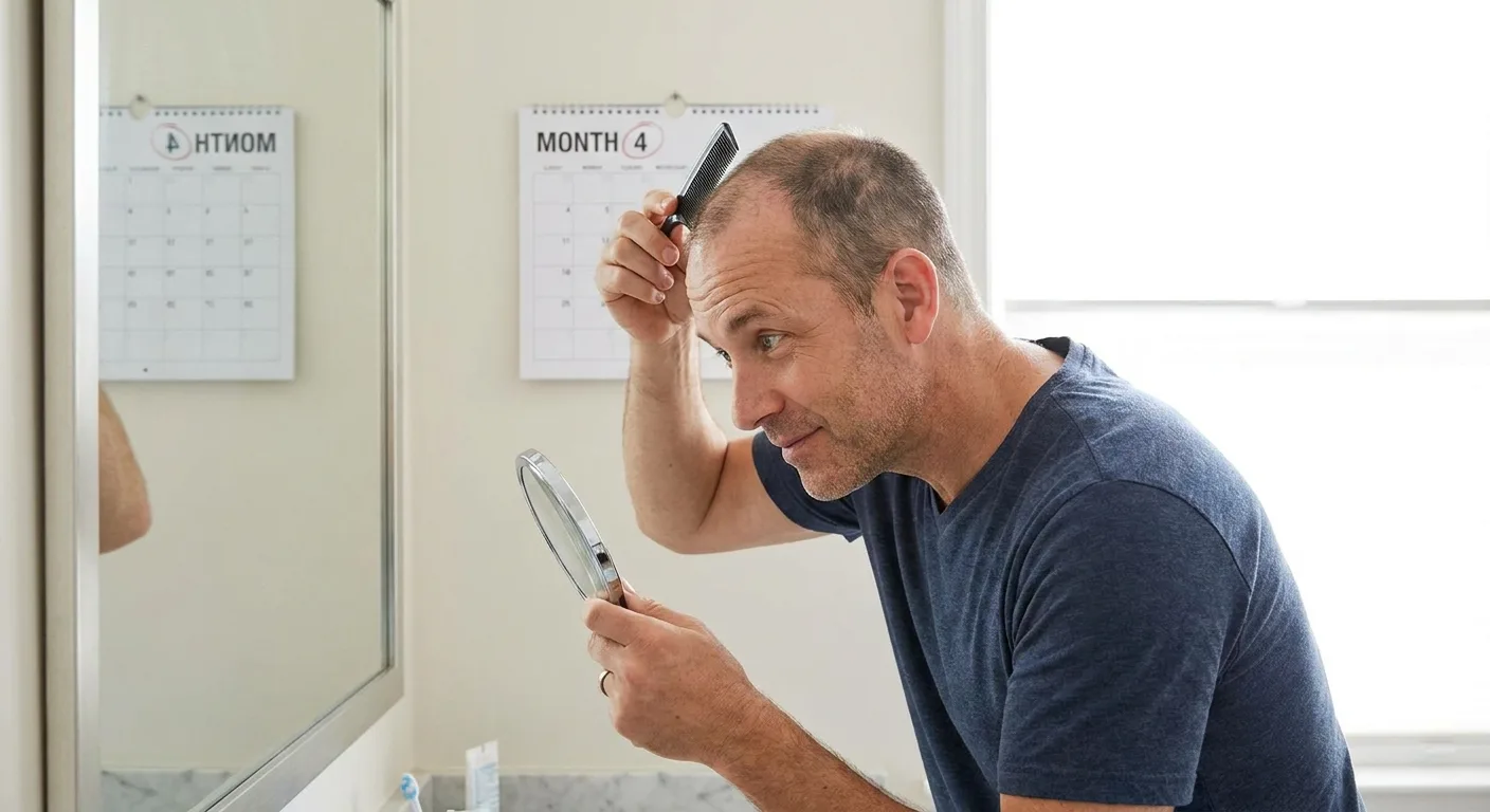 Homme observant sa repousse capillaire dans un miroir plusieurs mois après une intervention de greffe