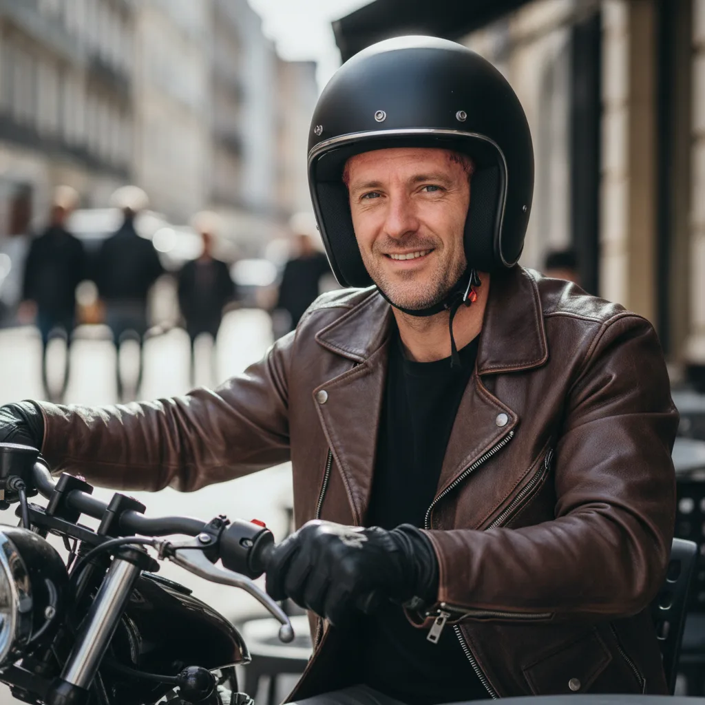 Homme portant un casque de moto avec assurance quelques semaines après une greffe de cheveux