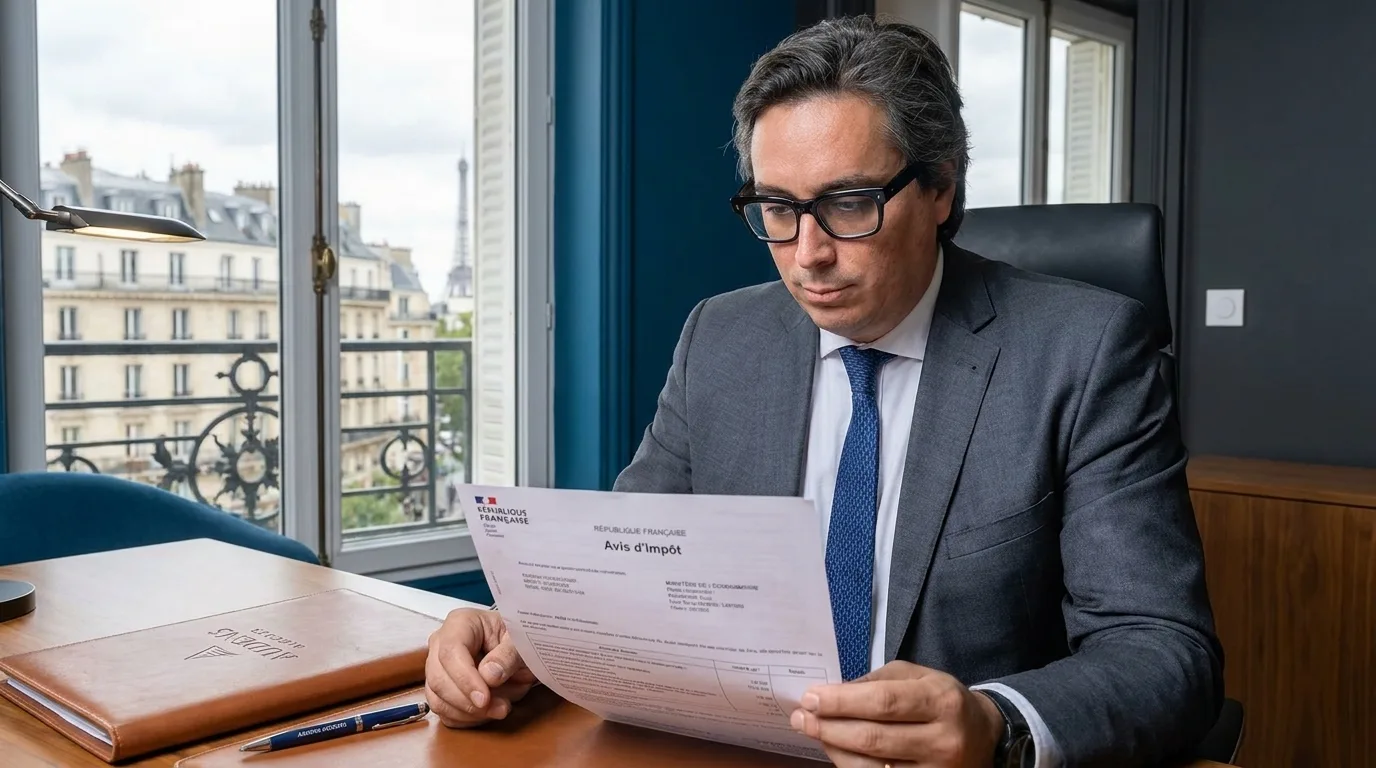 Homme professionnel examinant un avis de redressement fiscal à son bureau à Paris.