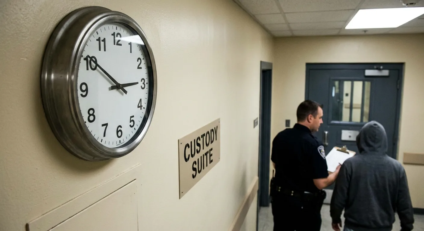 Horloge murale d'un couloir de commissariat affichant l'heure lors d'une procédure de garde à vue