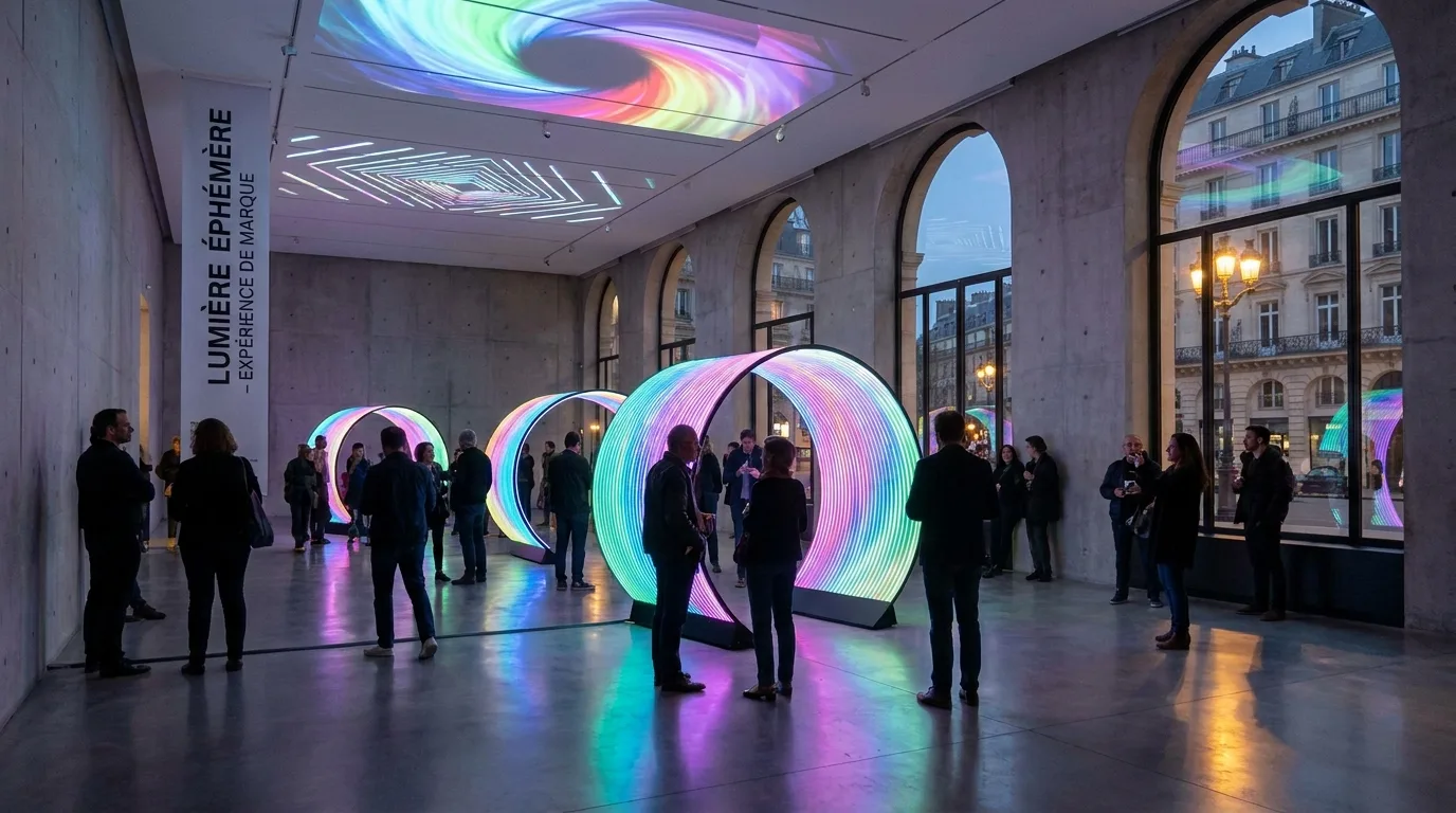 Installation d'expérience de marque immersive avec jeux de lumière interactifs dans une galerie parisienne moderne.