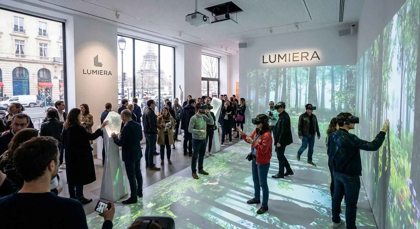 Installation d'expérience immersive de marque dans une galerie parisienne moderne avec visiteurs interagissant