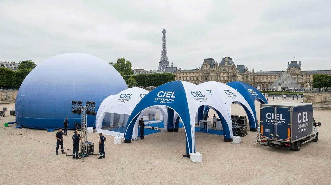 Installation professionnelle de structures gonflables colorées dans un jardin d'entreprise parisien pour événement corporatif