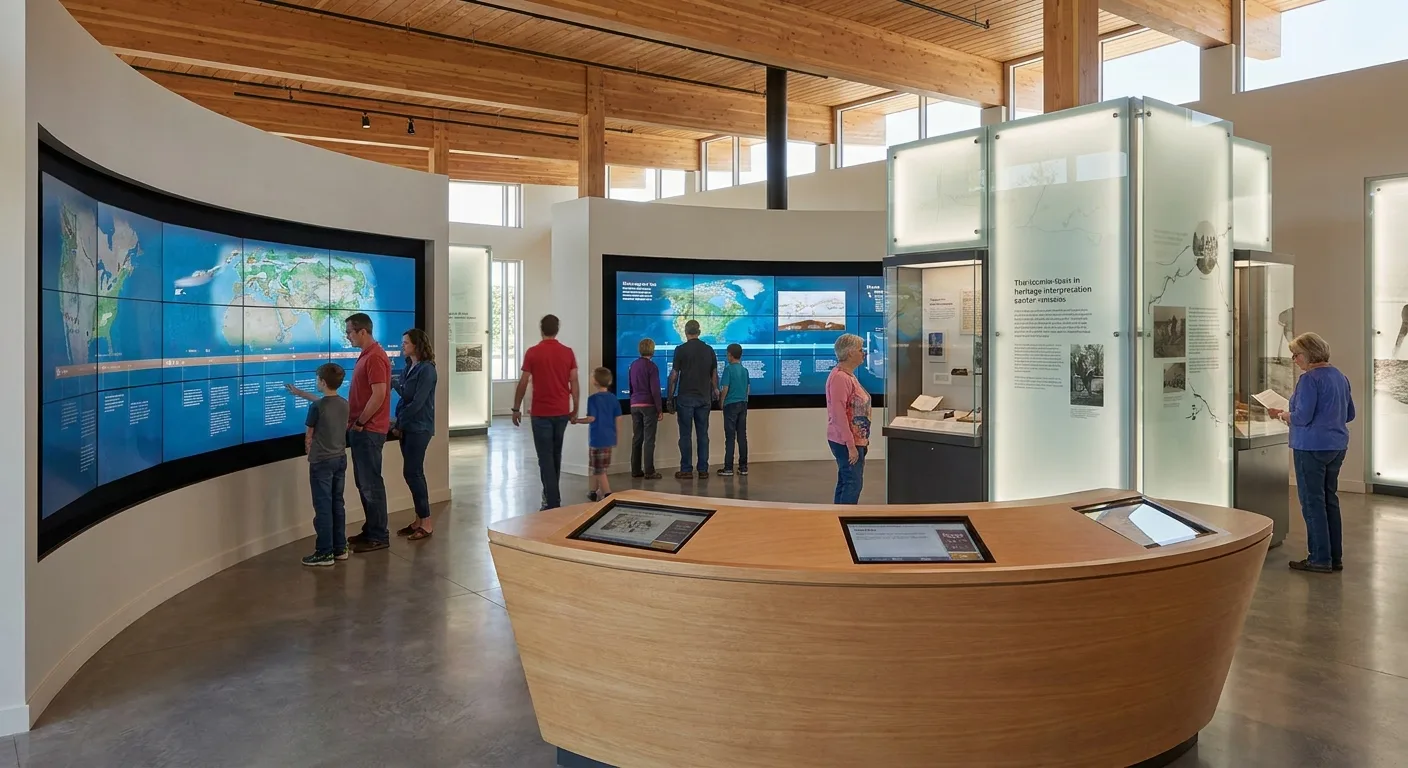 Intérieur contemporain d'un centre d'interprétation avec écrans numériques interactifs et panneaux informatifs.