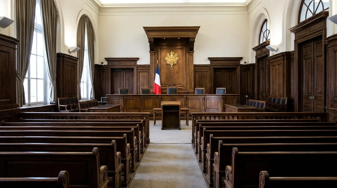 Intérieur d'une salle d'audience française avec bancs en bois et estrade du juge