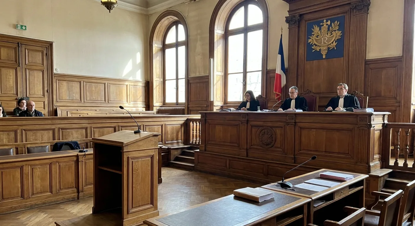 Intérieur d'une salle d'audience française avec le banc des juges et le pupitre des accusés