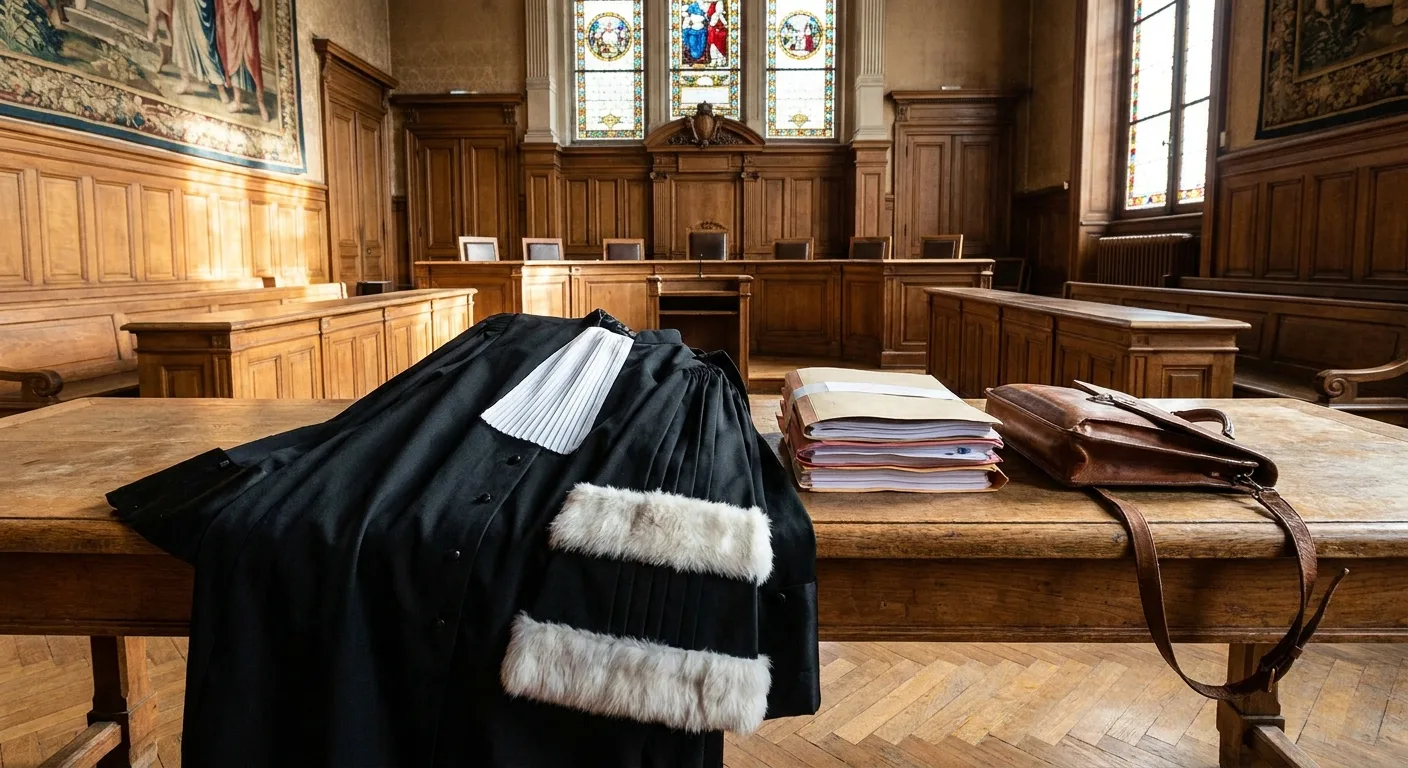 Intérieur d'une salle d'audience parisienne avec une robe d'avocat noire posée sur un bureau en bois