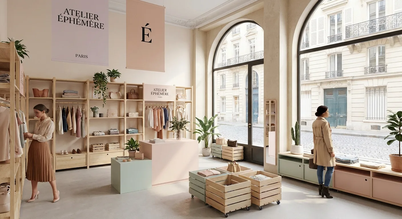 Intérieur élégant d'une boutique éphémère de marque avec mobilier design et éclairage contemporain à Paris.