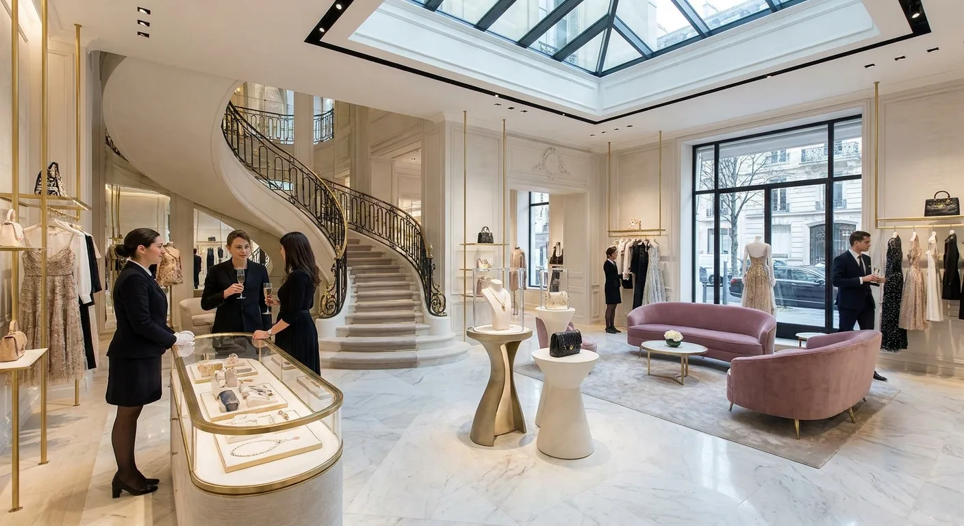 Intérieur élégant d'une boutique phare de luxe à Paris avec vitrines raffinées et clients qui parcourent les produits.