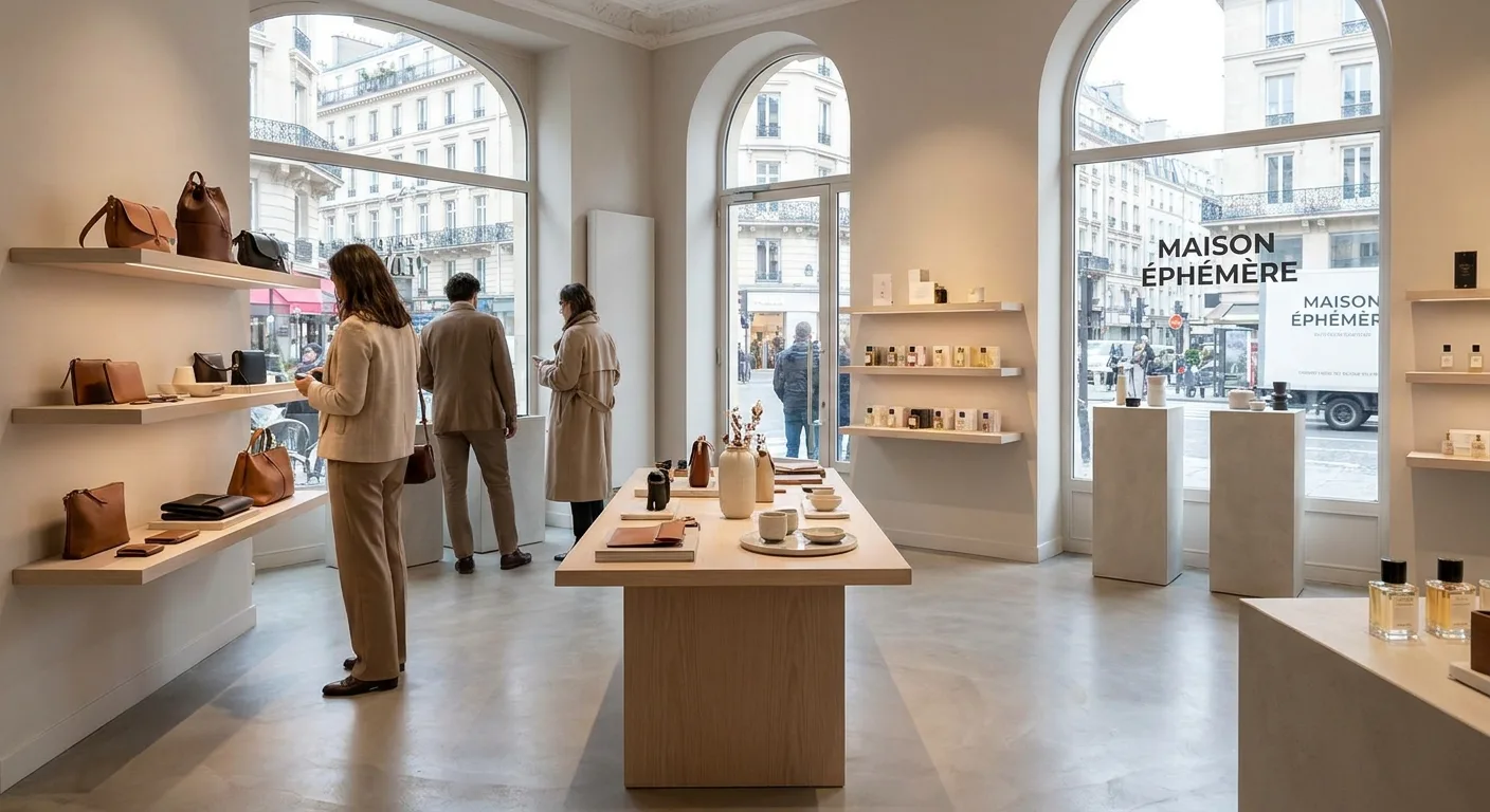 Intérieur épuré d'un pop-up store de luxe à Paris avec clients découvrant des produits sélectionnés dans un décor minimaliste
