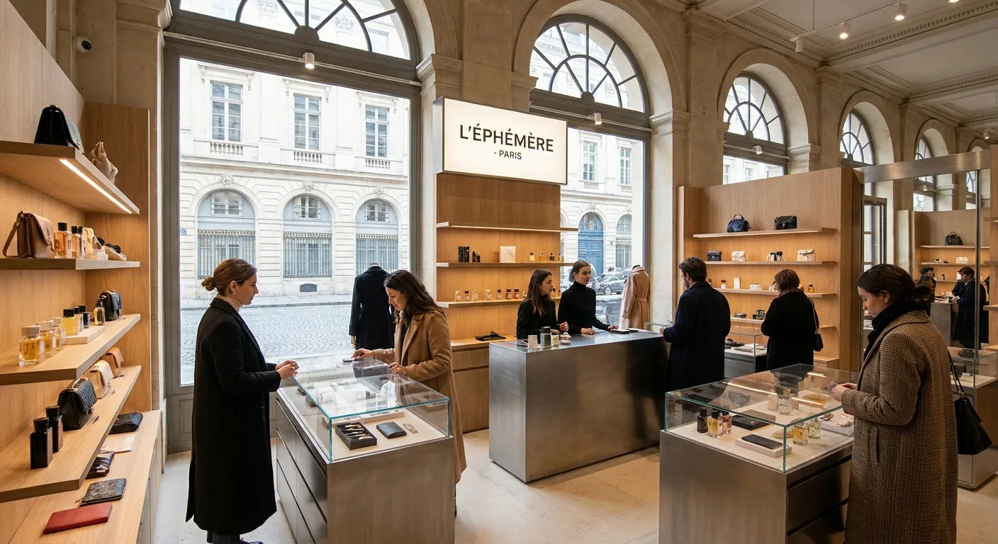 Intérieur moderne d'une boutique éphémère parisienne avec présentation de produits haut de gamme et clients.